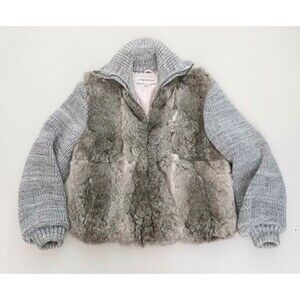 VTG 80s 90s Gray Rabbit Fur Zip Front Short Jacket Knit Sleeves & Collar Sz M/ L